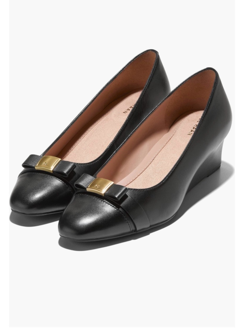 Cole Hann Malta Bow Wedge Pump with Bow & Gold Accent in Black Leather Size 6.5B